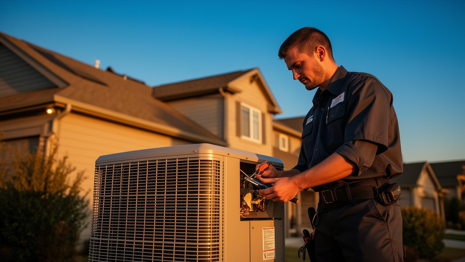 Ayar Heating & Cooling HVAC technician servicing a residential air conditioner